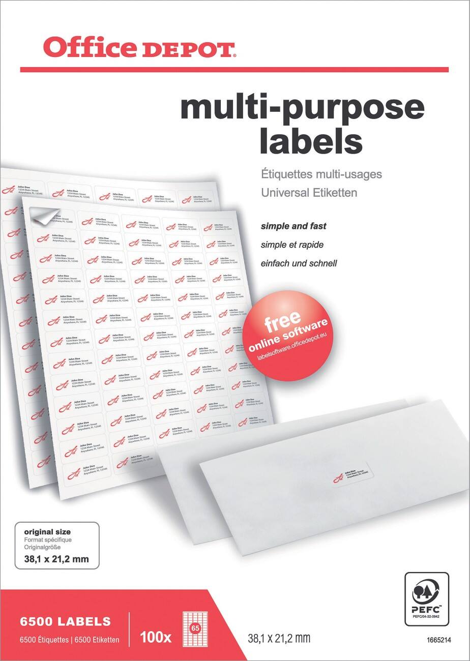 Étiquettes universelles Office Depot Coins arrondis Blanc 38,1 x 21,2 mm 100 Feuilles de 65 Étiquettes