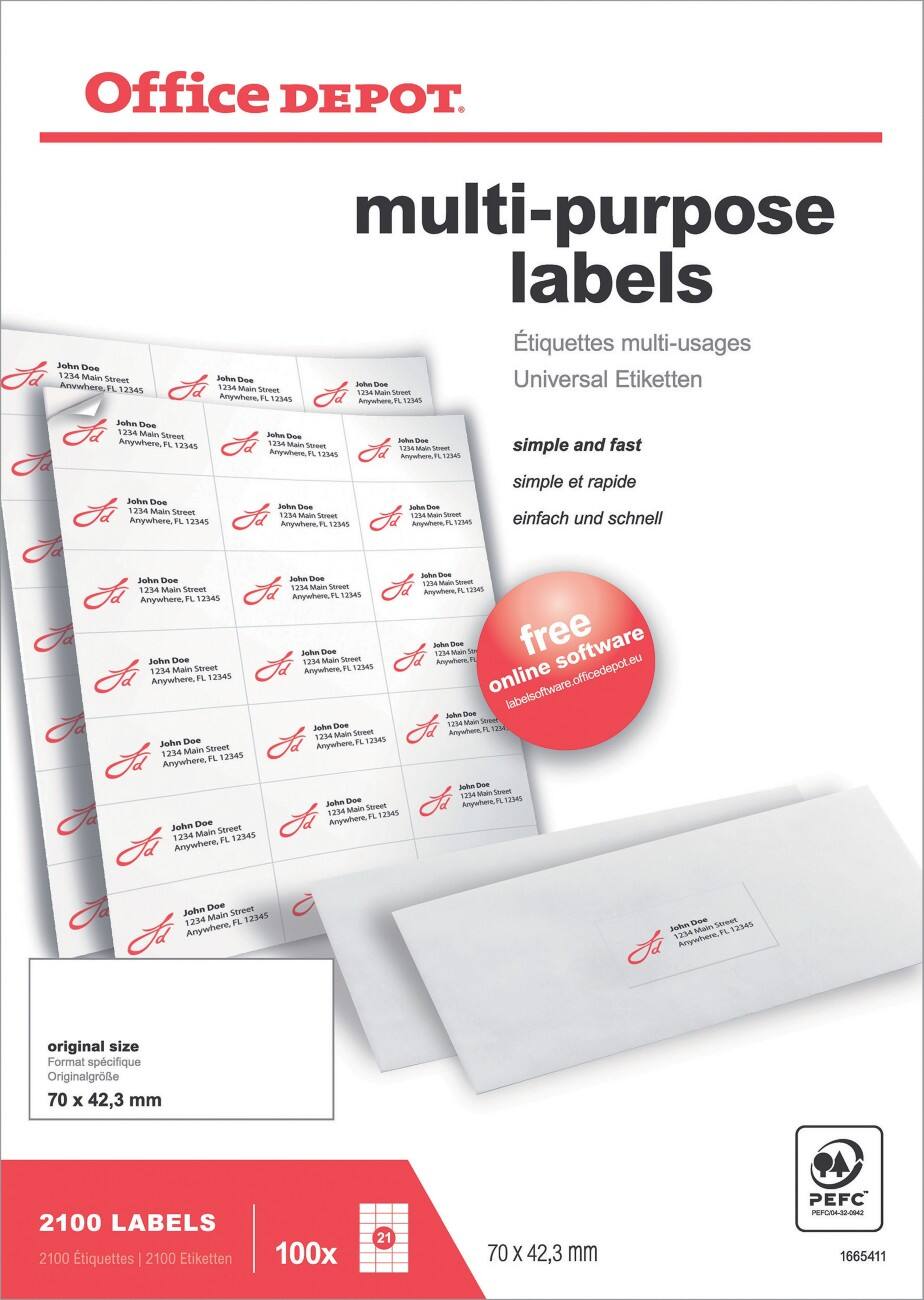 Étiquettes universelles Office Depot Coins droits Blanc 70 x 42,3 mm 100 Feuilles