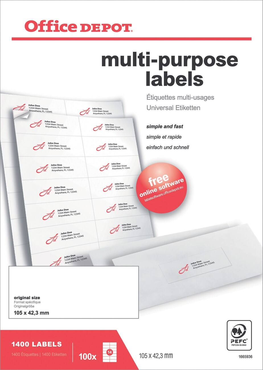Étiquettes universelles Office Depot Coins droits Blanc 105 x 42,3 mm 100 Feuilles
