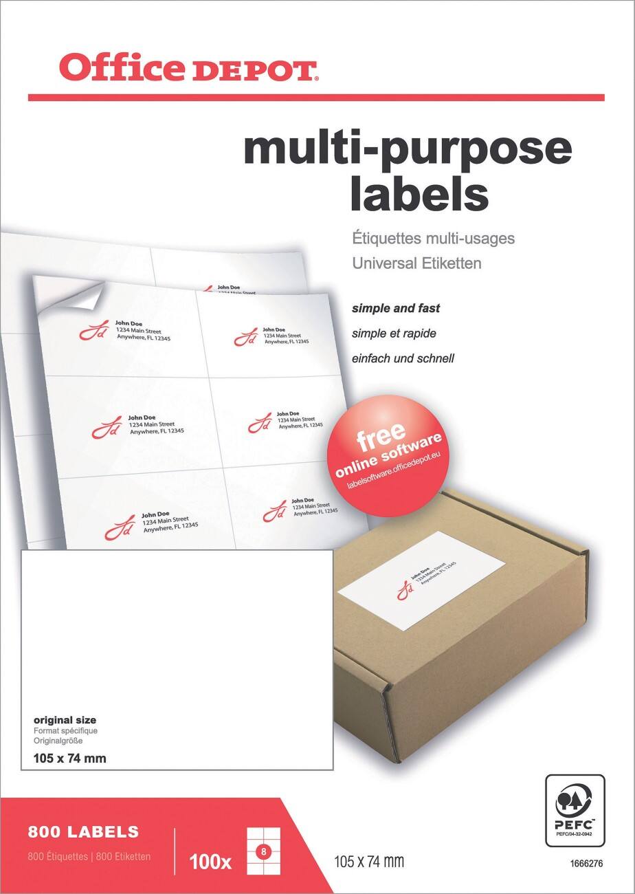 Étiquettes universelles Office Depot Autocollantes 105 x 74 mm Blanc 800 Étiquettes 100 Feuilles de 8 Étiquettes