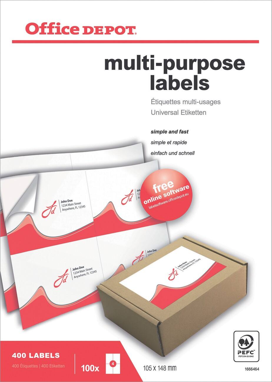 Étiquettes universelles Office Depot Coins droits A6 Blanc 105 x 148 mm 100 Feuilles de 4 Étiquettes