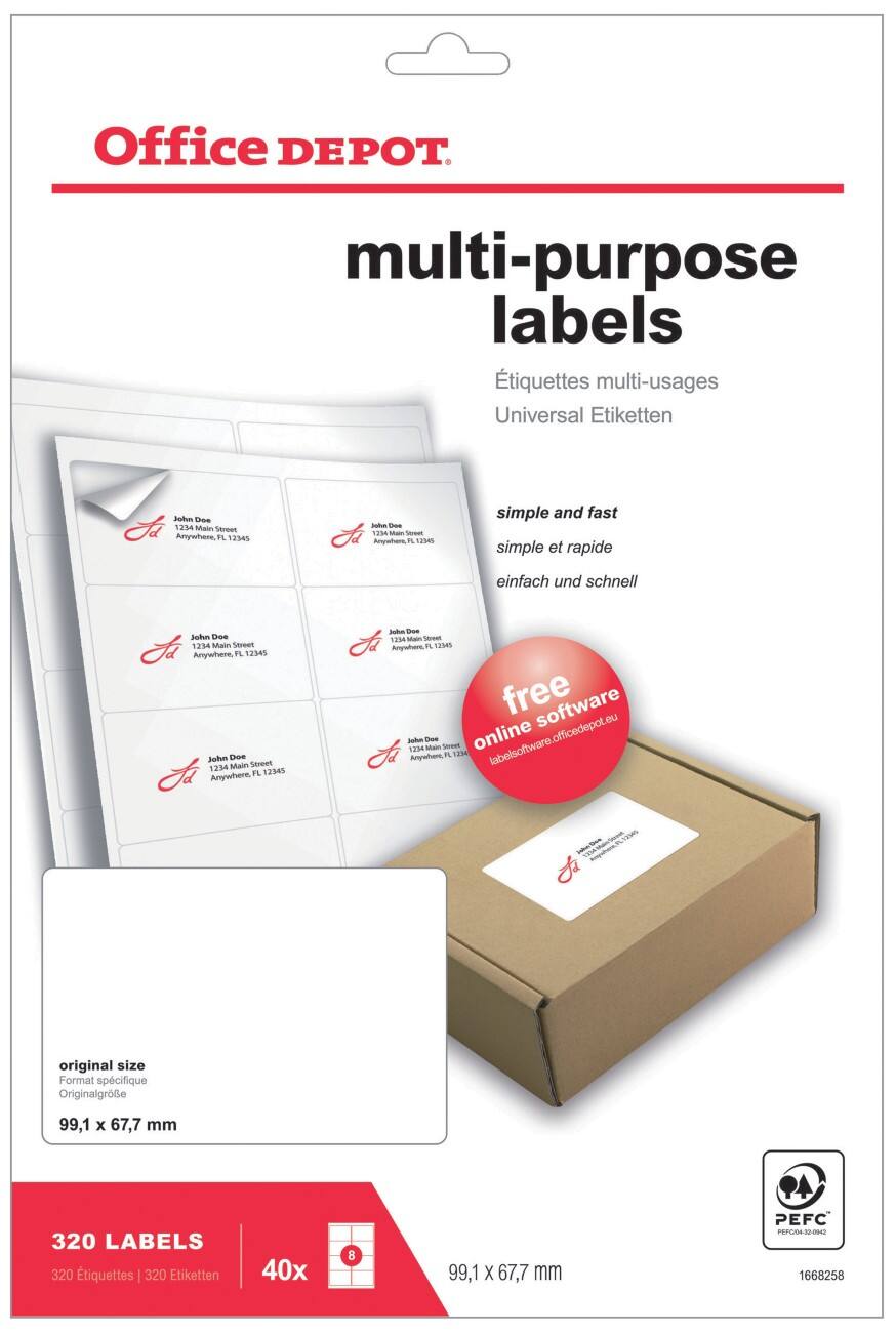 Étiquettes multi-usages Office Depot Autocollantes 99,1 x 67,7mm Blanc 40 Feuilles de 8 Étiquettes