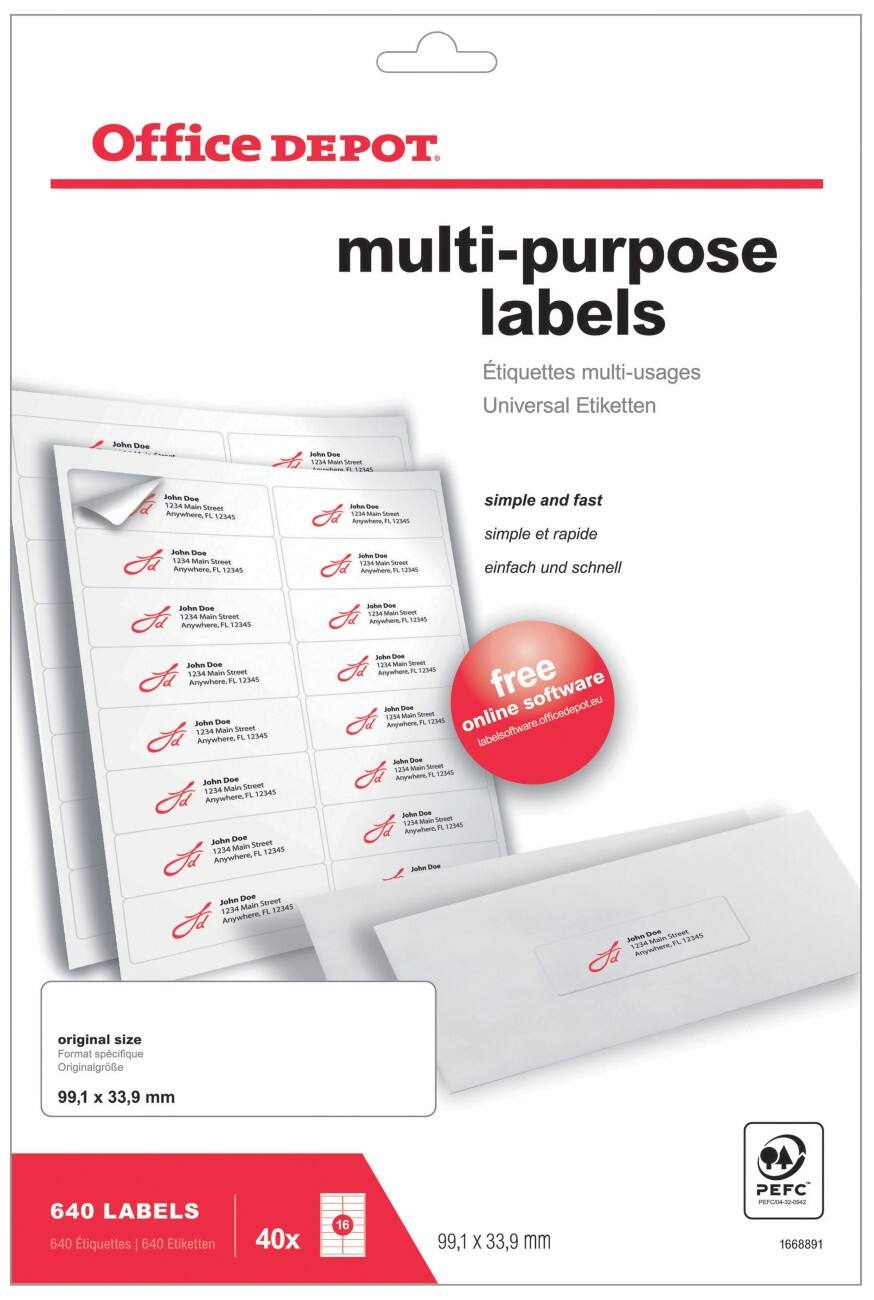 Étiquettes multi-usages Office Depot Autocollantes 99,1 x 33,9mm Blanc 40 Feuilles de 16 Étiquettes
