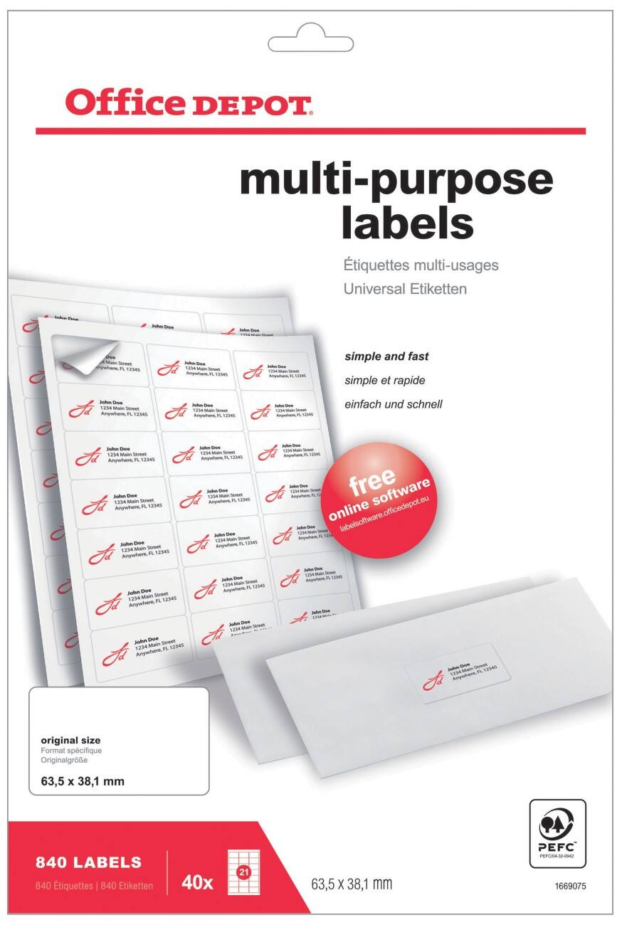 Étiquettes multi-usages Office Depot Autocollantes 63,5 x 38,1mm Blanc 40 Feuilles de 21 Étiquettes