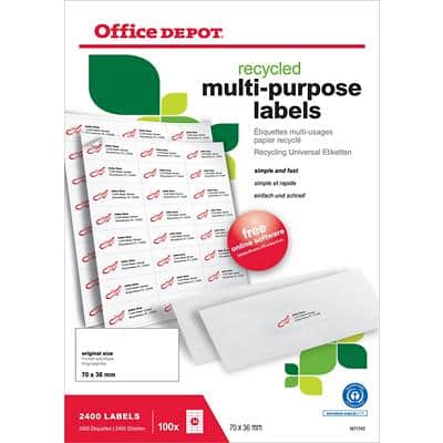 Office Depot Zelfklevende universele etiketten 70 x 36 mm Recycled 100% Wit 100 Vellen à 24 Etiketten