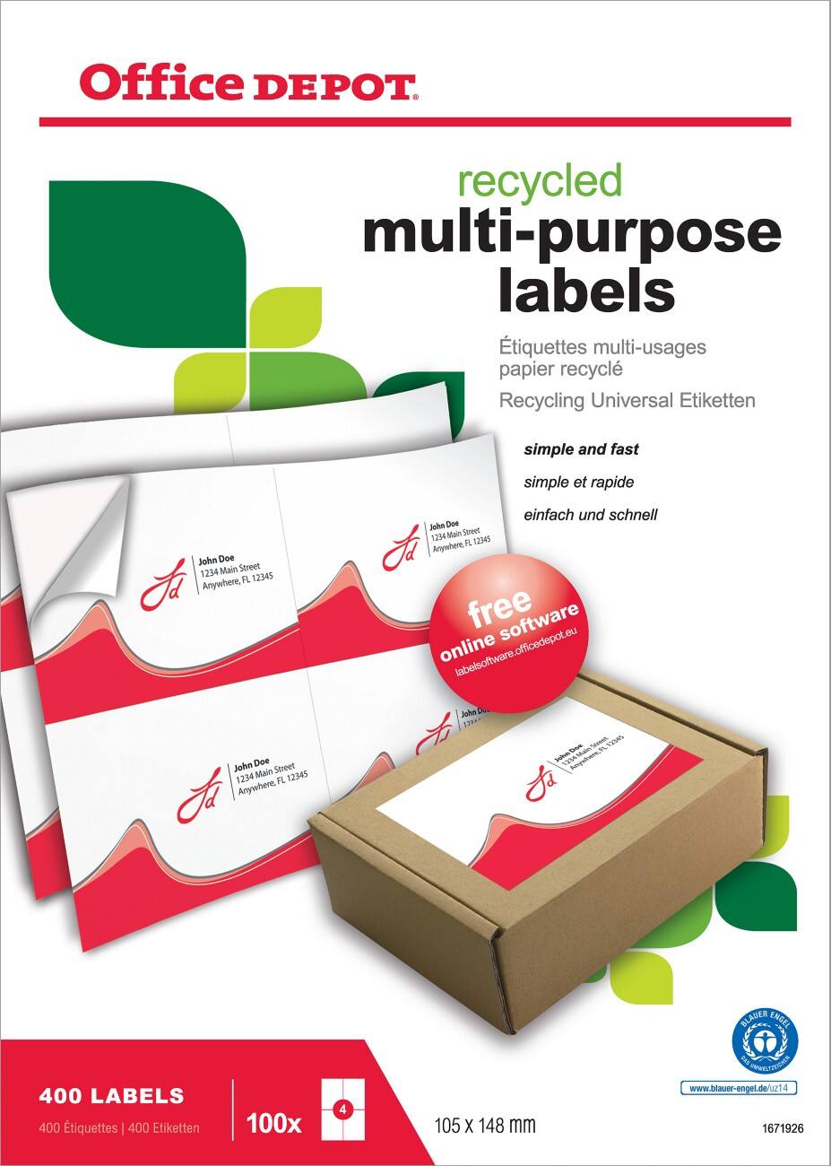 Étiquettes universelles recyclées Office Depot Coins droits A6 Blanc 105 x 148 mm 100 Feuilles de 4 Étiquettes