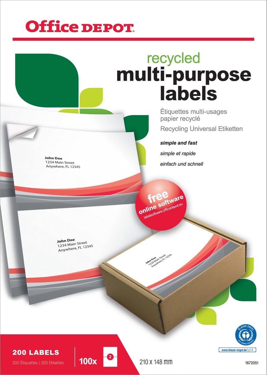Étiquettes multi-usages Office Depot Autocollantes 210 x 148 mm Blanc 200 Étiquettes 100 Feuilles de 2 Étiquettes