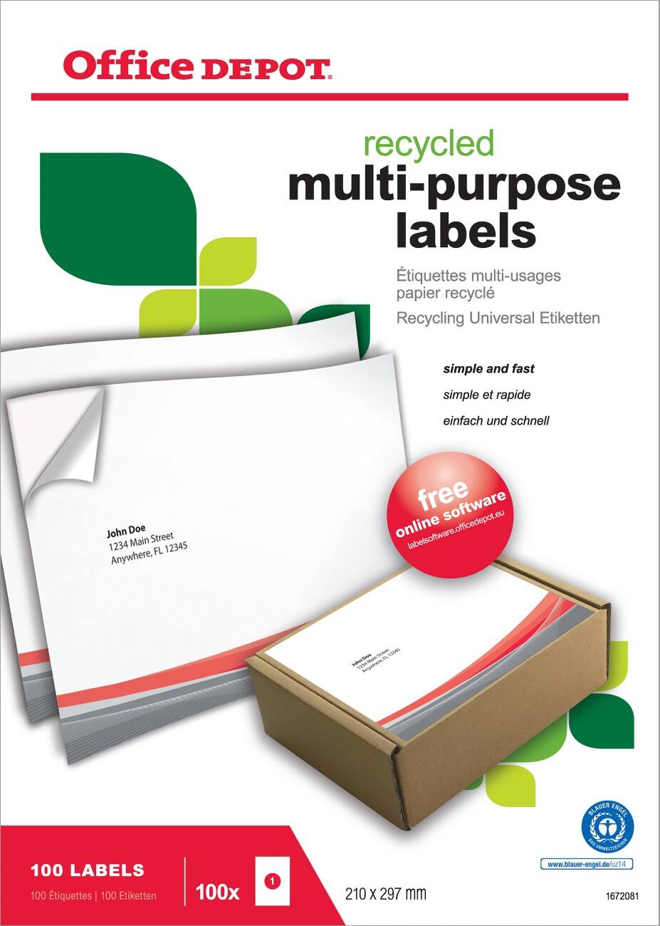 Étiquettes universelles recyclées Office Depot Coins droits A4 Blanc 210 x 297 mm 100 Feuilles de 1 Étiquettes