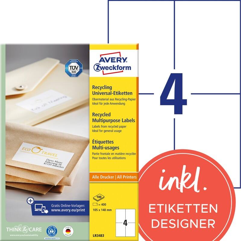 Étiquettes universelles Avery LR3483 Adhésif A4 Blanc 105 x 148 mm 100% Recyclé 100 Feuilles de 4 Étiquettes