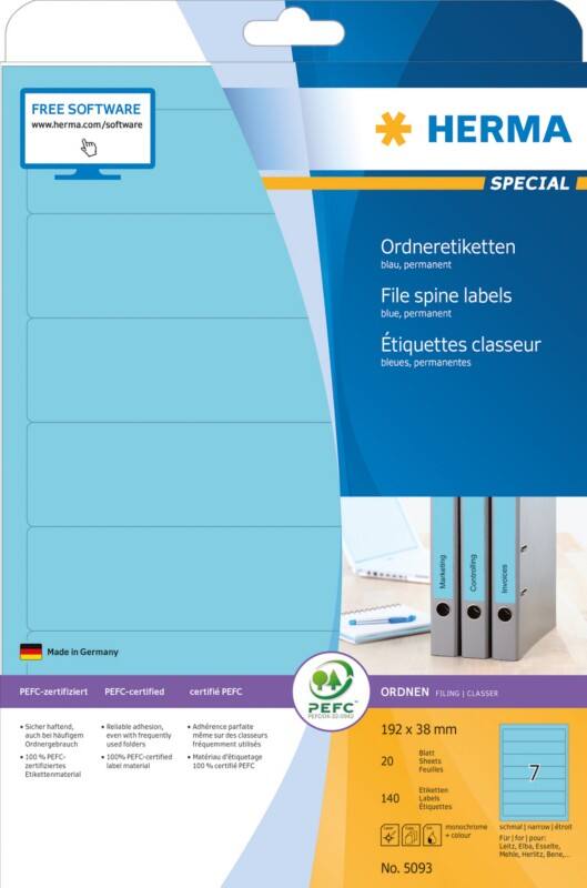 HERMA Rug Etiketten 5093 Blauw Rechthoekig A4 192 x 38 mm 20 Vellen van 7 Etiketten