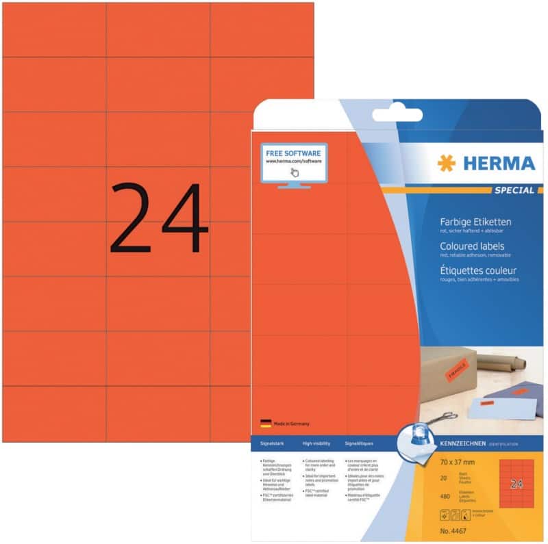 HERMA Laser Etiketten 4467 Klevend A4 Rood 70 x 37 mm  20 Vellen à 24 Etiketten