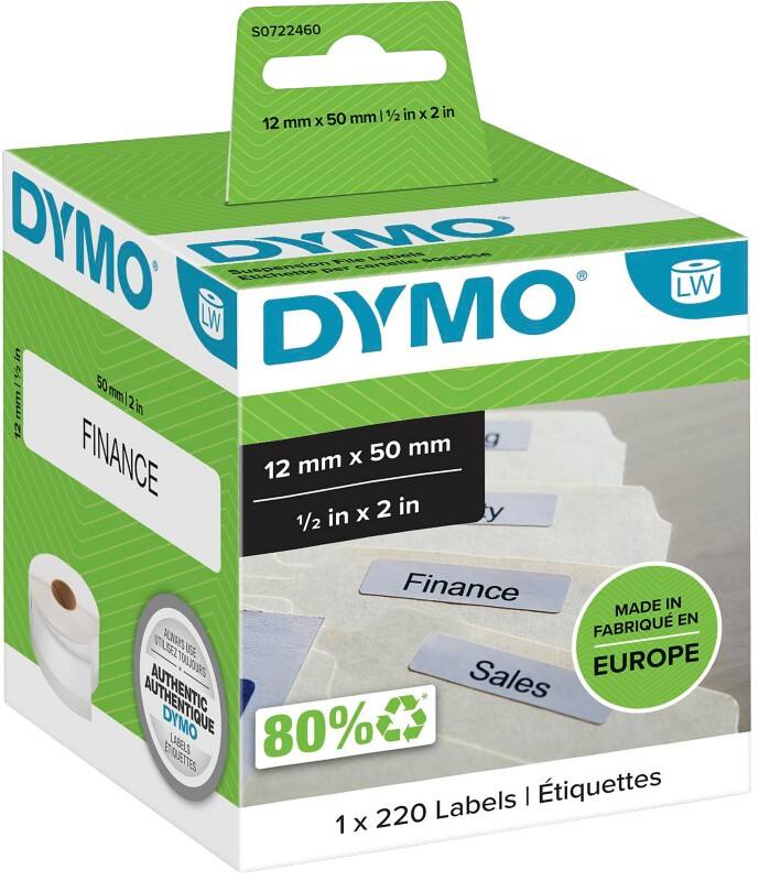 Étiquettes dossiers suspendus DYMO LW Authentique 99017 S0722460 Autocollantes Noir sur Blanc 12 x 50 mm 220 Étiquettes