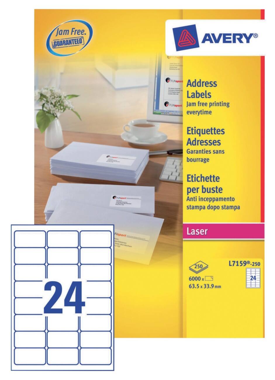 AVERY Zweckform QuickPEEL Adresetiketten L7159-250 Wit A4 63,5 x 33,9 mm 250 Vellen à 24 Etiketten