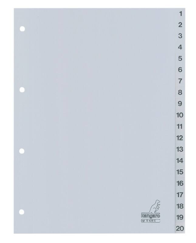 KANGARO 1 tot 20 Numerieke tabbladen  A4 Grijs 20 tabs PP (Polypropeen) 4 Gaten G420C