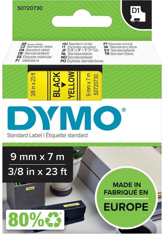 Ruban d'étiquettes DYMO D1 Authentique 40918 S0720730 Autocollantes Noir sur Jaune 9 mm x 7 m