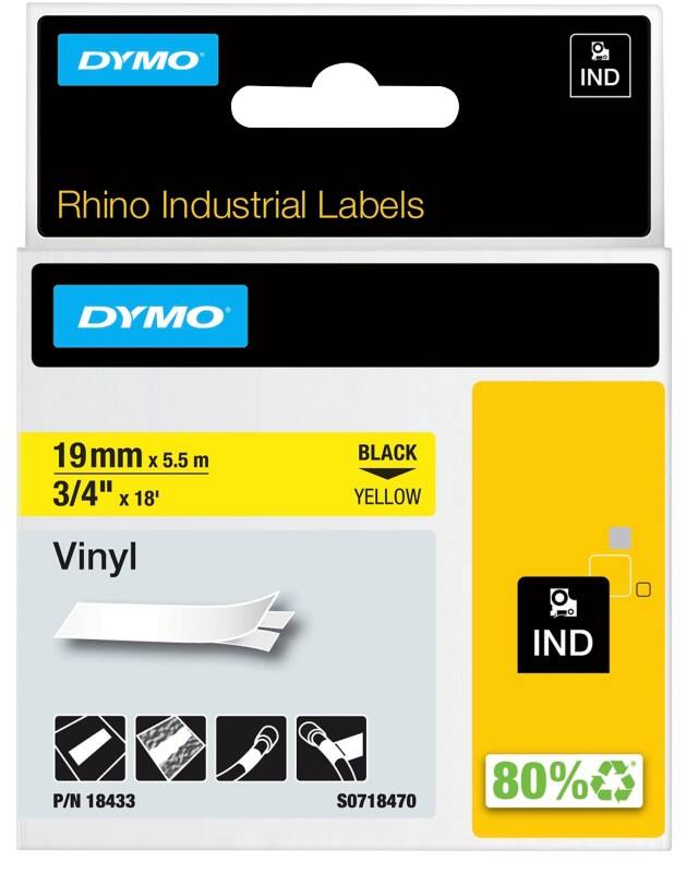 Ruban d'étiquettes IND Dymo Rhino S0718470 Noir sur Jaune 19 mm x 5,5 m