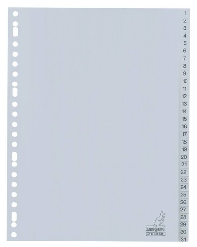 KANGARO 1 tot 31 Numerieke tabbladen  A4 Grijs 31 tabs PP (Polypropeen) 23 Gaten G431CM