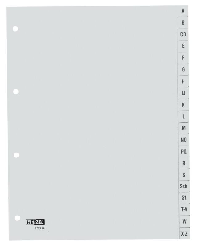 Hetzel Tabbladen G420AZ A4 Grijs 20 tabs 4-gaats Polypropyleen A - Z