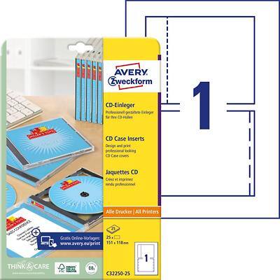 Étiquettes de CD / DVD / disquette Avery C32250-25 151 x 118 mm Blanc Rectangulaire 25 Feuilles de 1 Étiquettes