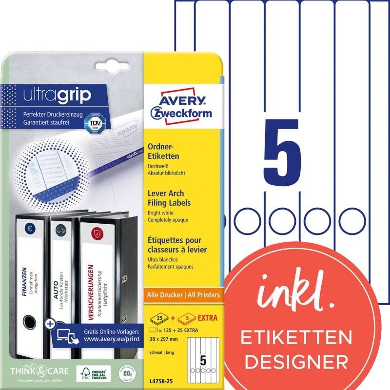 Étiquettes pour dos de classeur Avery A4 38 mm Ultra Blanc 30 Feuilles de 5 Étiquettes
