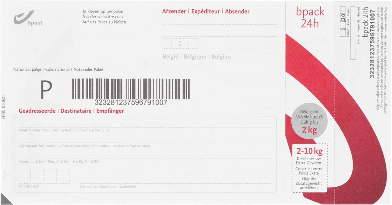 Étiquettes d'affranchissement bpost Bpack 24H 10 Unités