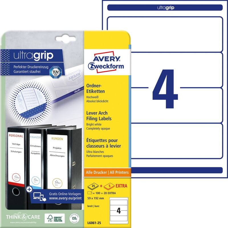 Avery Ultragrip Rugetiket L6061-25 Klevend A4 Wit 5,9 x 19,2 cm 30 Vellen à 4 Etiketten