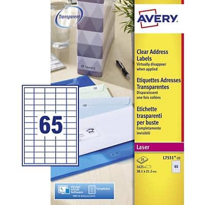 Étiquettes d’adresse Avery L7551-25 Autocollantes 38,1 x 21,2mm Transparentes 25 Feuilles de 65 Étiquettes