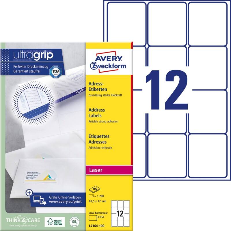 Avery UltraGrip Adresetiketten L7164-100 Klevend A4 Wit 63,5 x 72 mm 100 Vellen à 12 Etiketten
