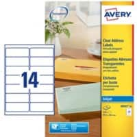 Étiquettes d'adresse Avery J8563-25 Adhésif A4 Transparent 99.1 x 38.1 mm 25 Feuilles de 14 Étiquettes