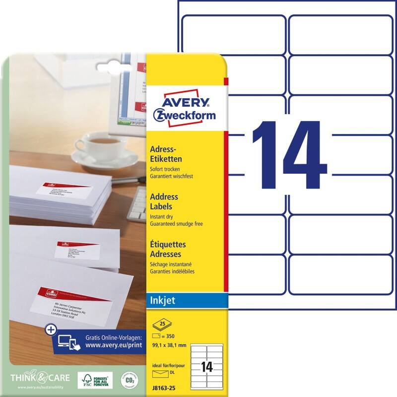 Étiquettes d'adresse Avery J8163-25 Adhésif A4 Blanc 99.1 x 38.1 mm 25 Feuilles de 14 Étiquettes