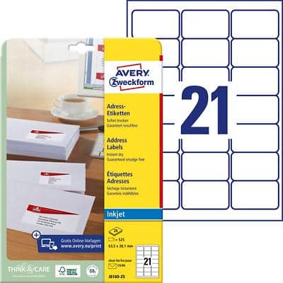 Étiquettes d’adresse Avery J8160-25 Autocollantes 63,5 x 38,1mm Blanc 25 Feuilles de 21 Étiquettes