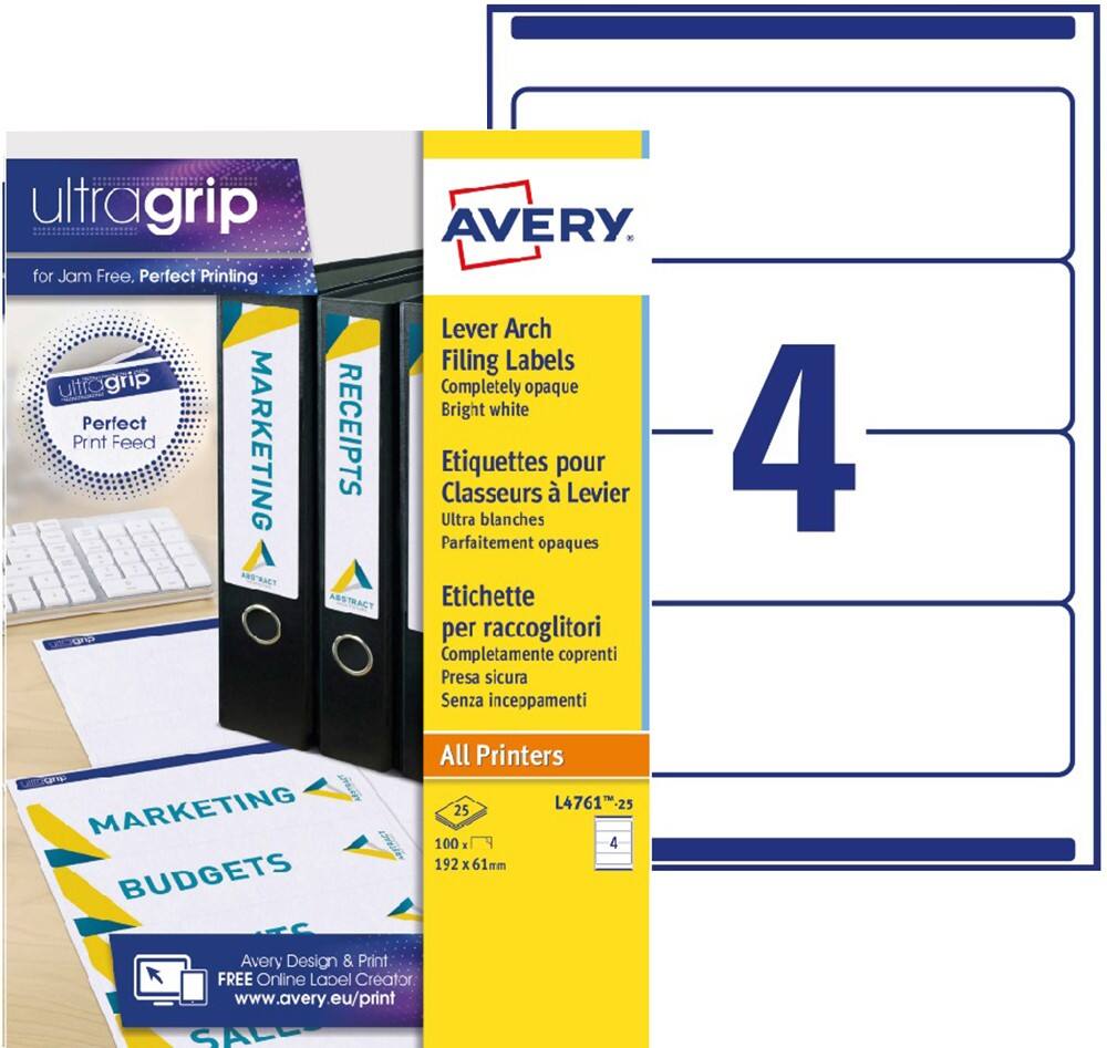 AVERY Blockout Ordnerrugetiketten L7701-25 Wit A4+ 25 Vellen à 4 Etiketten 6,2 x 19,2 cm