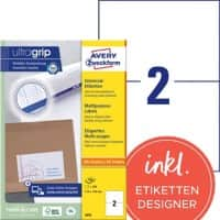 Étiquettes universelles Ultragrip AVERY Zweckform 3655 Adhésif A4 Blanc 210 x 148 mm 100 Feuilles de 2 Étiquettes