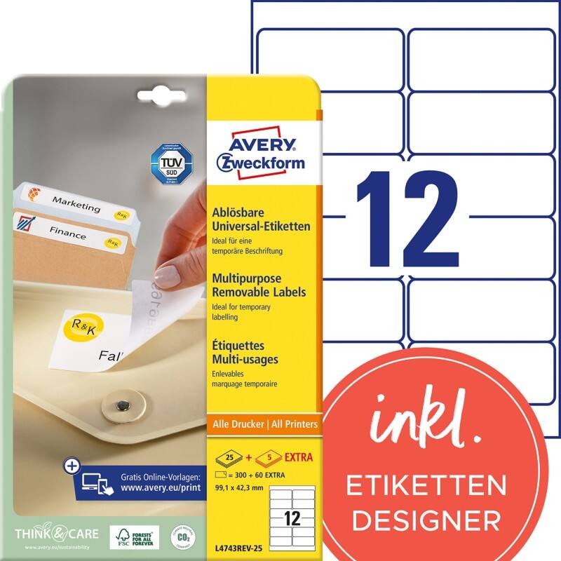 Étiquettes universelles Avery Stick & Lift Adhésif A4 Blanc 99.1 x 42.3 mm 30 Feuilles de 12 Étiquettes