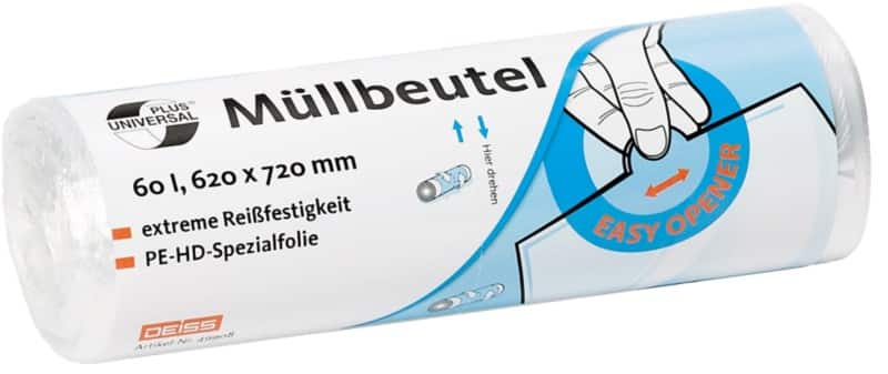 Sac-poubelle Universal Plus Déchets légers DEISS 60 L Transparent HDPE (Polyéthylène renforcé haute densité) 6 microns 50 Unités