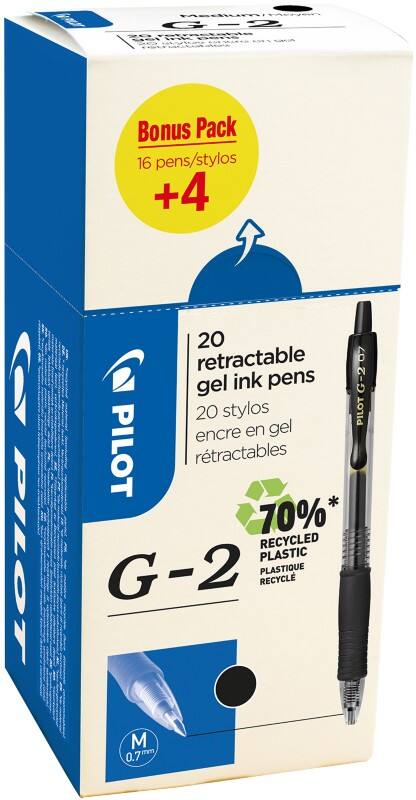Pilot G2 inklapbaar Rollerballpen Zwart 0.4 mm Medium Kegelvormig Navulbaar Recycled 20 Stuks