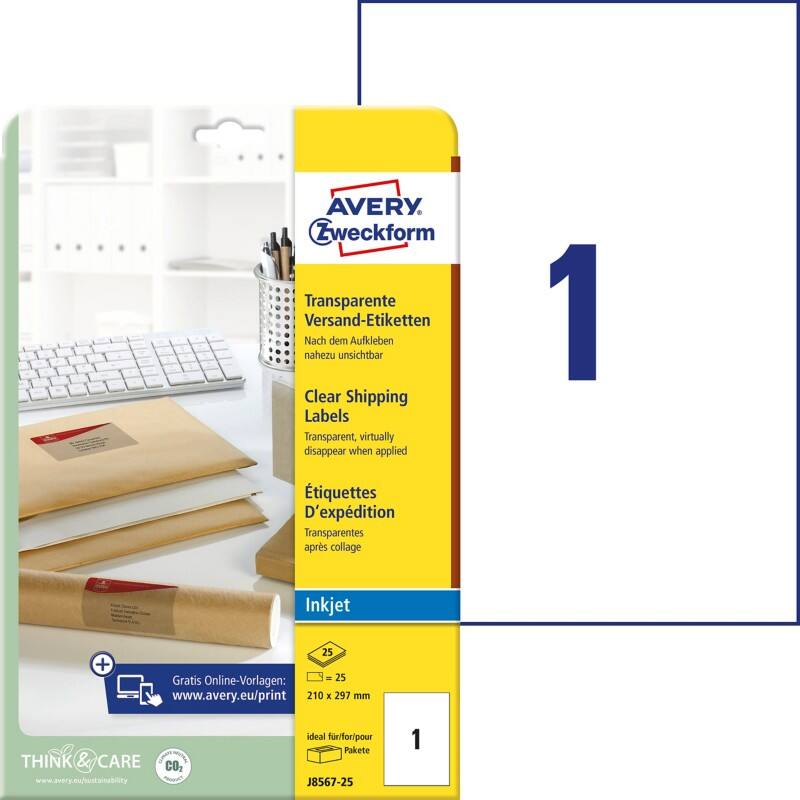 Étiquettes universelles Avery J8567-25 Adhésif A4 Transparent 210 x 297 mm 25 Feuilles de 1 Étiquettes