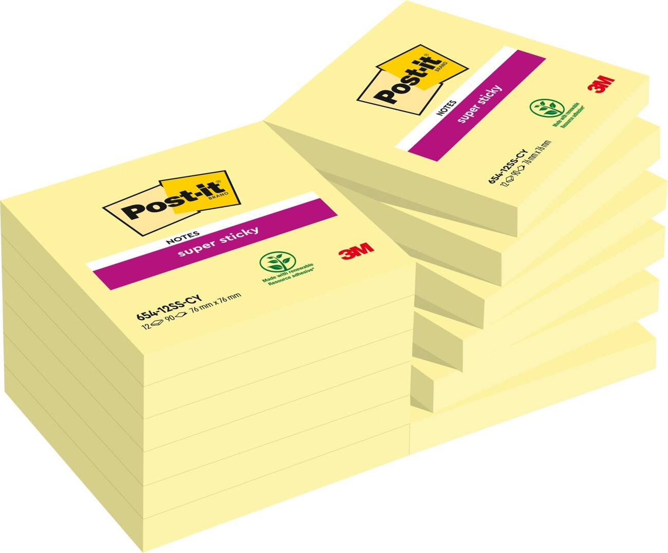 Notes Post-it Super Sticky 76 x 76 mm Jaune canari 12 Blocs de 90 Feuilles