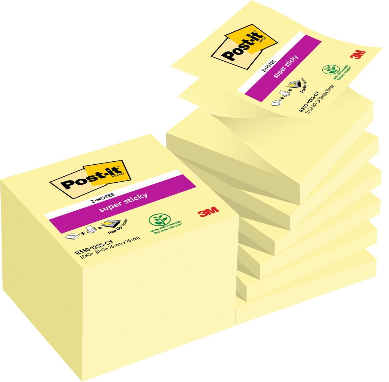 Notes adhésives Post-it Super Sticky 76 x 76 mm Jaune canari 12 Blocs de 90 Feuilles
