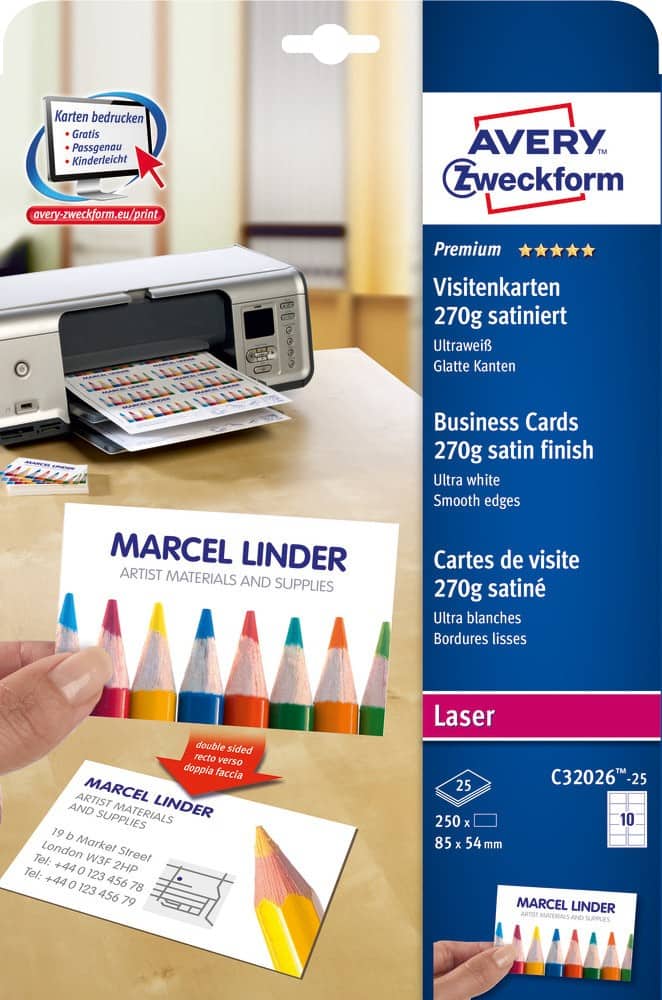 AVERY Zweckform Visitekaartjes 270 g/m² Wit 25 Vellen à 10 Kaarten