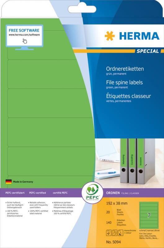 Étiquettes pour dos de classeur HERMA 5094 Vert Rectangulaires A4 192 x 38 mm 20 feuilles de 7 étiquettes