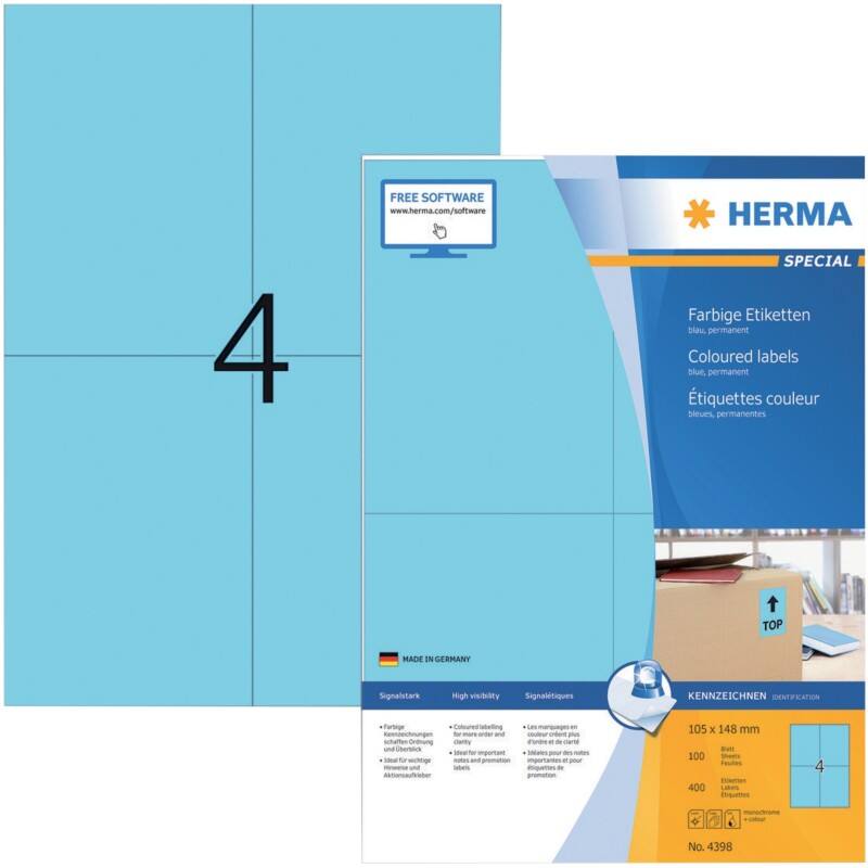 HERMA Etiketten 4398 Klevend A4 Blauw 105 x 148 mm  100 Vellen à 4 Etiketten