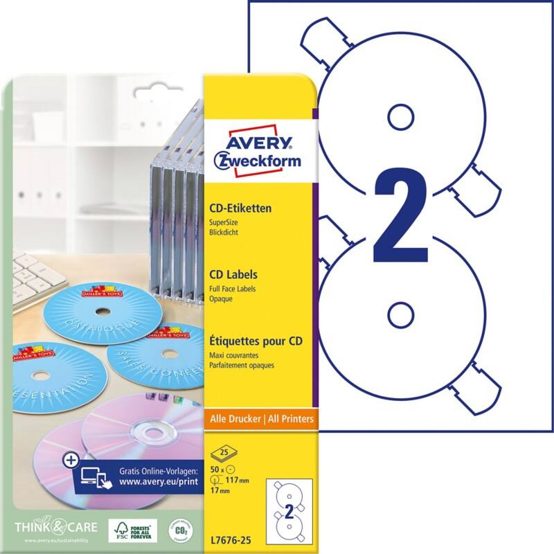 Étiquettes CD/DVD Avery L7676-25 adhésif A4 Blanc 117 mm 25 Feuilles de 2 Étiquettes