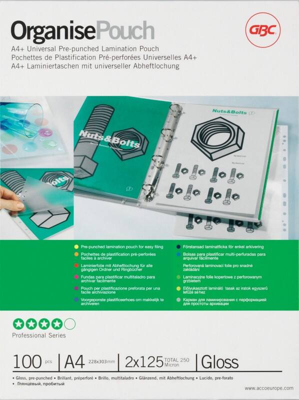 Pochette de plastification Organise GBC A4 Brillant 125 microns (2 x 125) Transparent 11 Perforations 100 Unités