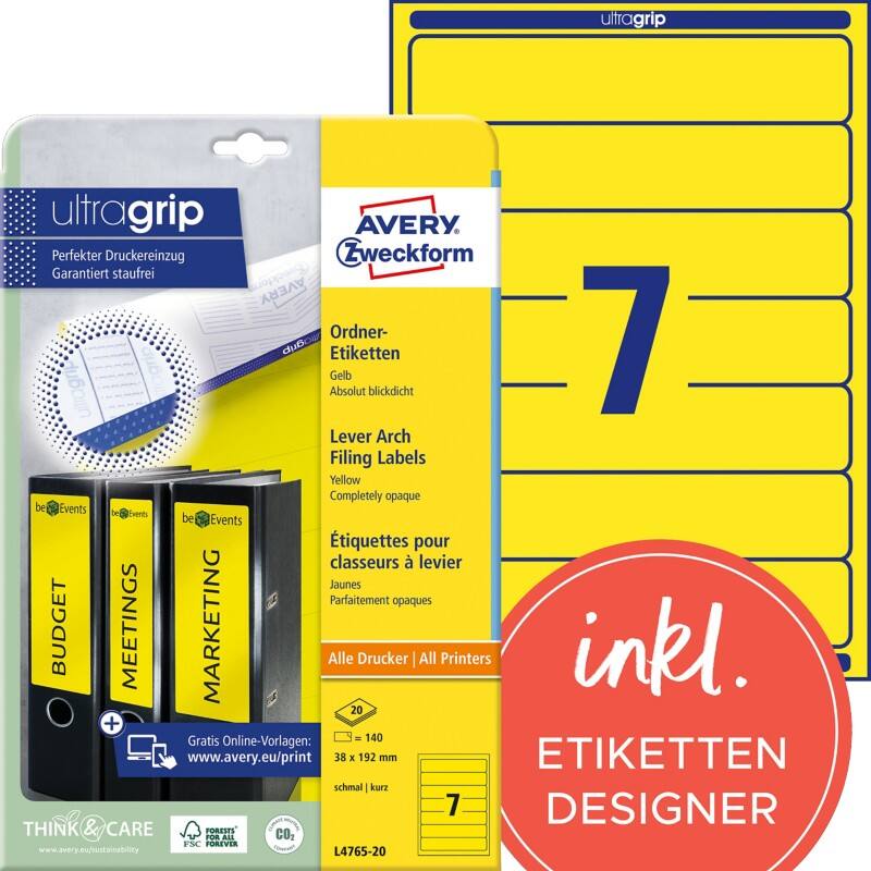 Étiquettes pour dos de classeur Avery L4765-20 Jaune A4 38 mm 20 Feuilles de 7 Étiquettes