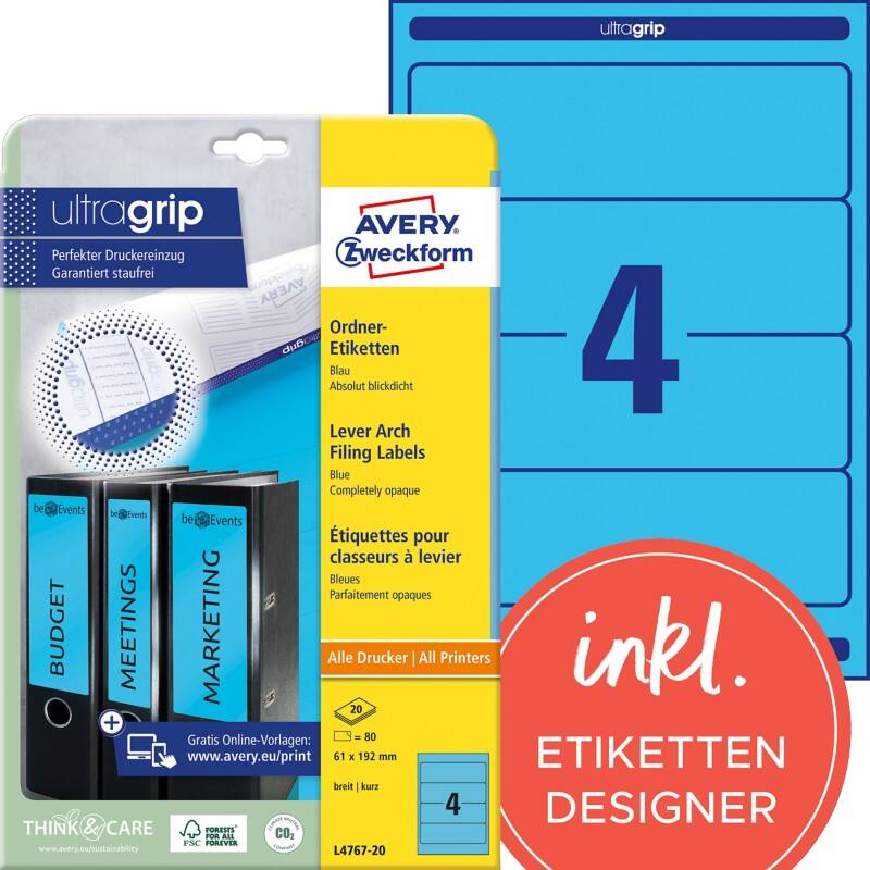 Avery Ultragrip Rugetiket L4767-20 Klevend A4 Blauw 6,1 x 19,2 cm 20 Vellen à 4 Etiketten