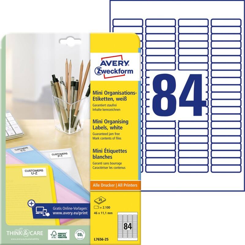 Étiquettes Avery Mini L7656 adhésif A4 Blanc 46 x 11.1 mm 25 Feuilles de 84 Étiquettes