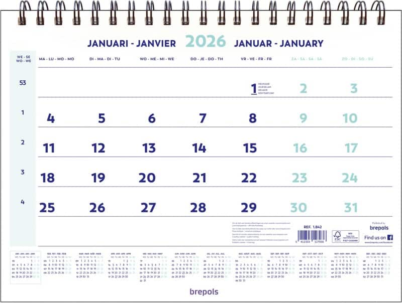 Brepols Wire-O Kalender 2026 1 Maand per pagina Nederlands, Frans, Duits, Engels 31,5 (B) x 0,6 (D) x 46 (H) cm Wit