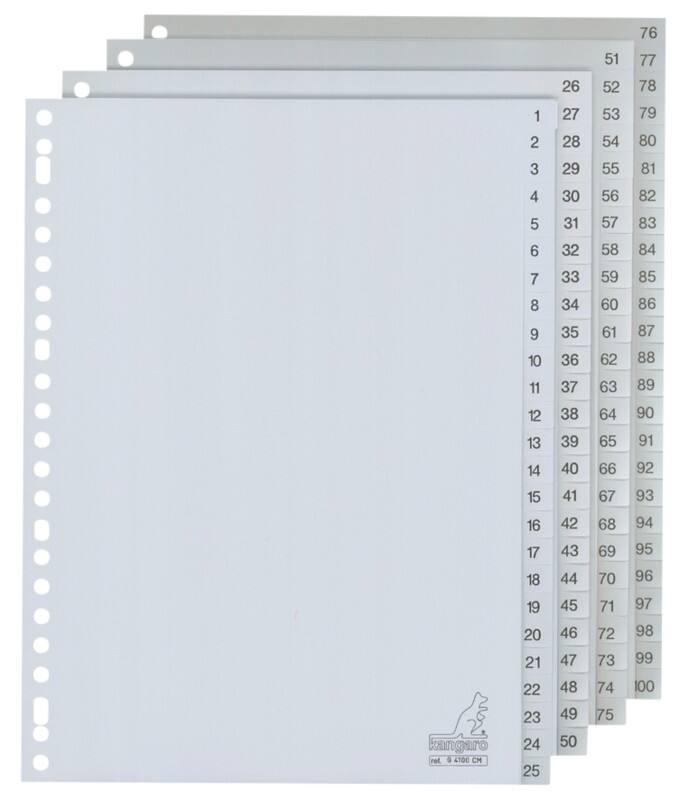 KANGARO 1 tot 100 Numerieke tabbladen  A4 Grijs 100 tabs PP (Polypropeen) 23 Gaten G4100CM
