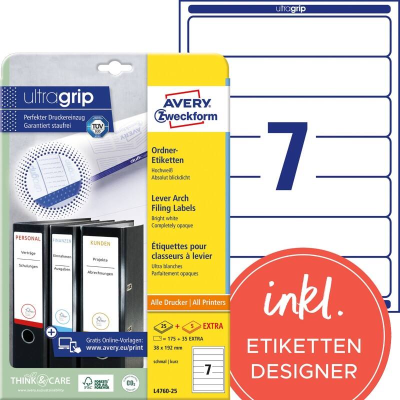 Étiquettes pour dos de classeur Blockout Avery L4760-25 Ultragrip Blanc A4 38 mm 25 Feuilles de 7 Étiquettes